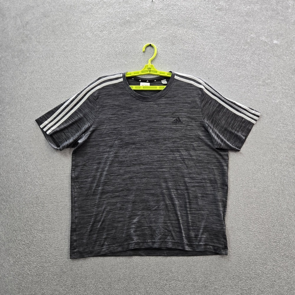 Adidas Men Shirt XL Gray Embroidered Striped Activewear Logo Short Sleeve